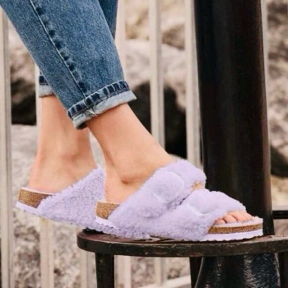 Birkenstock Arizona Big Buckle Shearling Teddy Sandals Fog Purple Womens EU 37 - Picture 1 of 13